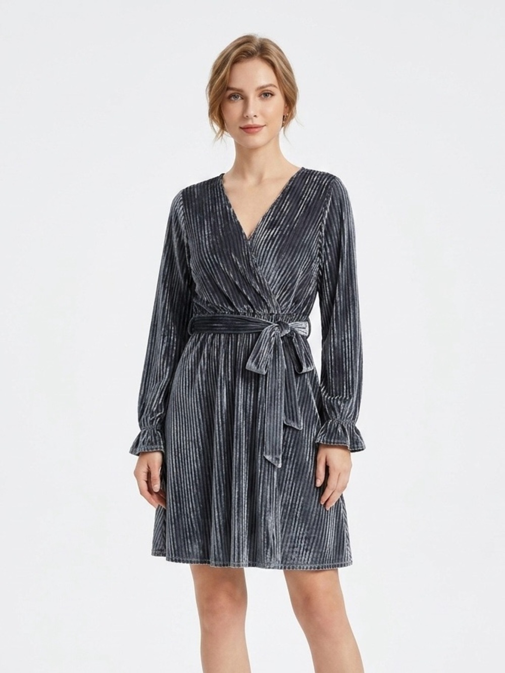 Hotouch, Ribbed Velvet Wrap Long-Sleeve Dress in Charcoal Blue/Gray - L